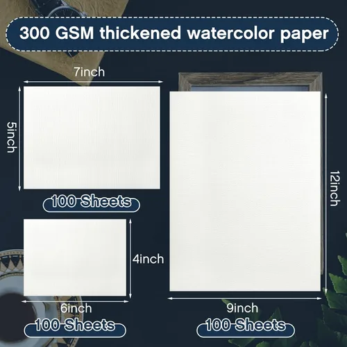 Vista 2 de Outus 300 hojas de papel de acuarela de 3 tamaños a granel, papel blanco de prensa en frío de 140 libras/10.58 oz/m², 4 x 6, 5 x 7, 9 x 12 pulgadas