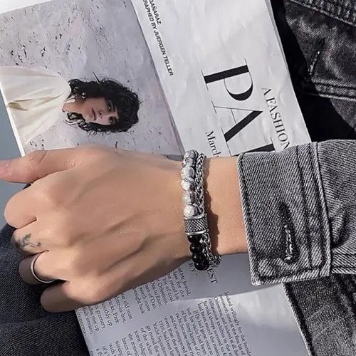 Vista 5 de Pulsera de obsidiana para hombre, pulsera de cuentas negras, pulseras de cadena plateada, pulseras punk, regalo de joyería