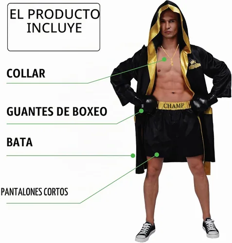 Vista 2 de Maxim Party Supplies Disfraz de boxeo para hombre con bata, pantalones Negro