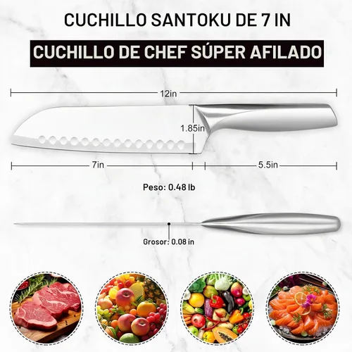 Vista 6 de Cuchillo Santoku, Cuchillo de Chef de 7 Pulgadas, Cuchillo de Cocina con Acero Alemán de Alto Carbono Súper Afilado, Mango Ergonómico Antideslizante