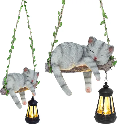 Vista 16 de Estatua de gato colgante solar, figura de gato negro de resina para exteriores con luces LED, adorno de gatito para jardín, valla, porche, patio