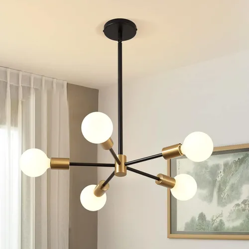 Vista 15 de KAISITE - Candelabro Moderno Sputnik - Candelabro de 6 Luces con Ajuste de Altura, Acabado en Negro y Oro para Cocina, Dormitorio y Vestíbulo
