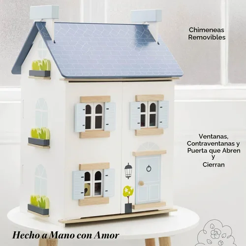 Vista 2 de Le Toy Van - Casa de muñecas de madera Sky - Casa de sueños para niños - 2 pisos con ático - Llena de accesorios para casa de muñecas - Adecuada