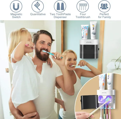 Vista 4 de Boperzi Soporte para cepillo de dientes con cubierta a prueba de polvo montado en la pared Dispensador automático para baño con ducha Juego con 2