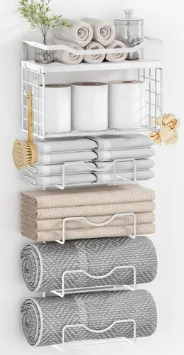 Vista 9 de Toalleros para baño, toallero montado en la pared, soporte para toallas de 6 niveles enrolladas o dobladas con estantes flotantes, portotoallas