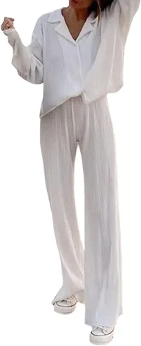 Vista 2 de NUFIWI Conjunto de pantalones Y2K de 2 piezas para mujer, camisa de gran tamaño con estampado floral y botones, pantalones de cintura alta, trajes
