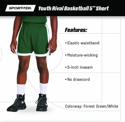 Vista 4 de SPORT-TEK Youth Rival Basketball 5 Short Breathable Kids' Basketball Shorts, Elastic Waistband, 5" Inseam, Side Vents