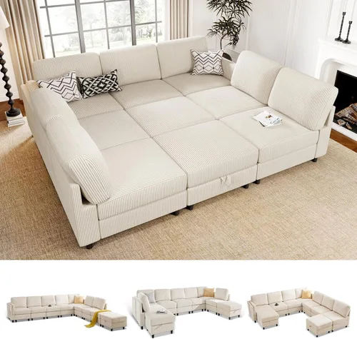 Vista 19 de KKL Sofá cama modular modular con otomana de almacenamiento, sofá cama convertible en forma de L/U para sala de estar, diseño reversible moderno
