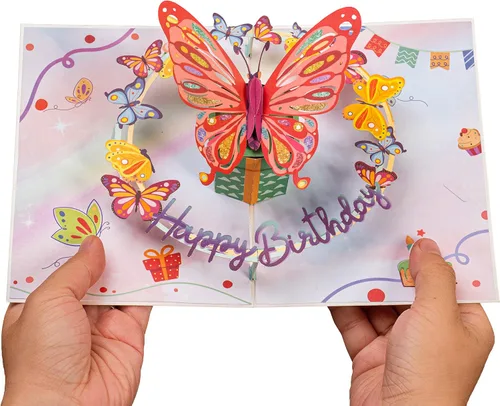 Vista 3 de Paper Love Tarjeta de cumpleaños desplegable 3D, mariposa, para adultos y niños, cubierta de 5 x 7 pulgadas, incluye sobre y etiqueta para notas