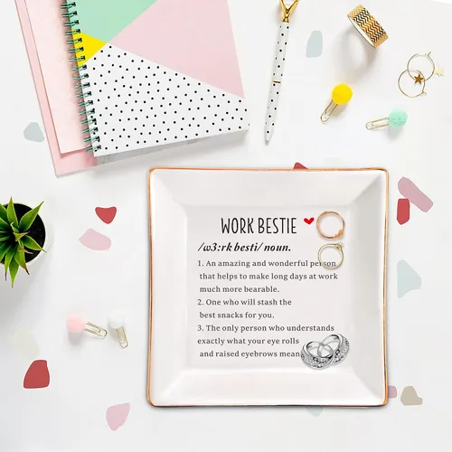 Vista 2 de XJF Work Bestie - Plato de cerámica para joyas, regalos de trabajo para mujeres, regalos de agradecimiento para compañeros de trabajo, regalo