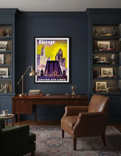 Vista 4 de Chicago USA - The Tribune Tower Wrigley Building and Michigan Avenue Bridge - United Air Lines - Vintage Airline Travel Poster c.1950s - Master Art