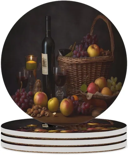 Vista 25 de 4 posavasos de vino tinto, cuadrados y modernos posavasos absorbentes de cerámica, estilo de pintura al óleo, vintage, vino tinto, uvas, rosa