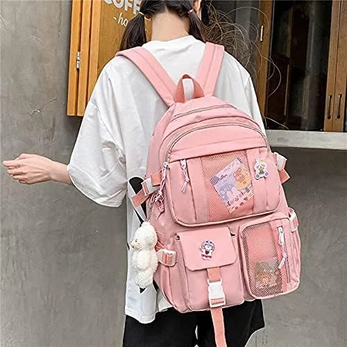 Vista 2 de Mochila Kawaii con colgante de oso, bolsa escolar de lona estética para estudiantes, bolsa de hombro, mochila casual para el regreso a clases (rosa)