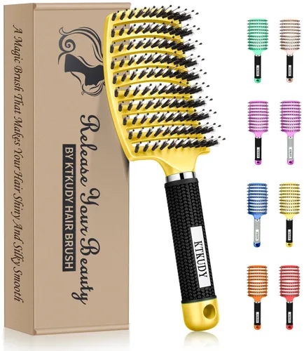 Vista 15 de KTKUDY Cepillo para desenredar con cerdas de jabalí, cepillo para hacer el cabello más brillante y saludable, cepillo desenredante curvo y ventilado