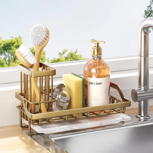 Vista 17 de Consumest Organizador para fregadero, soporte de esponja de cocina con soporte para cepillos de platos, organizador de cocina con bandeja de goteo