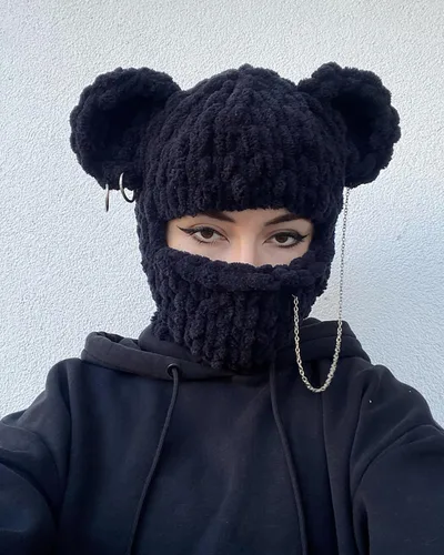 Vista 4 de Máscara de esquí de punto con diseño de ganchillo, máscara facial con diseño de conejo divertido en 3D, para Año Nuevo, clima frío o fiesta