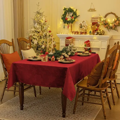 Vista 5 de Softalker: Mantel de Navidad de jacquard, mantel rectangular vintage de damasco de invierno, mantel impermeable de poliéster con copo de nieve