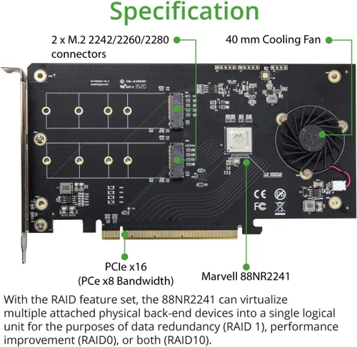 Vista 4 de IO CREST Dual M.2 NVMe Puertos RAID a PCIe 3.0 x16 Interfaz (ancho de banda x8) Controlador elevador de bifurcación - SI-PEX40158