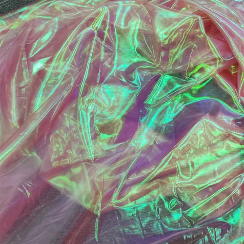 Vista 4 de Tela de encaje de organza con gradiente láser arcoíris mágico, tela de gasa holográfica iridescente para vestido de novia, cortina, fondo, fiesta