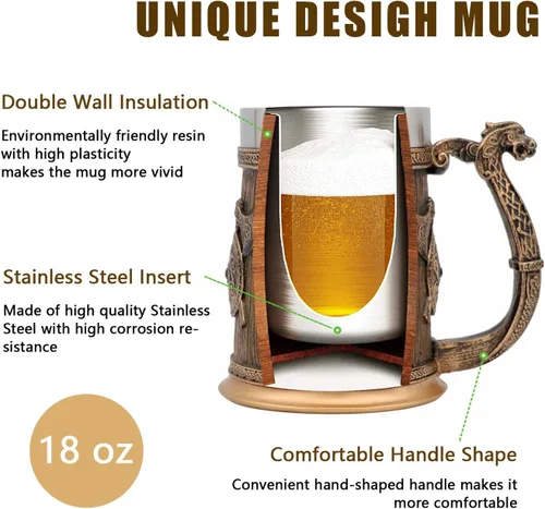 Vista 2 de Jarra de barril de madera Stein Tankard, Taza de acero inoxidable con asa, decoración nórdica vikinga mitológica poética gótica para fiestas