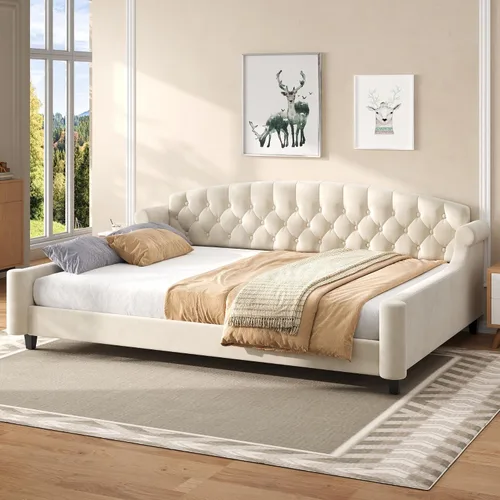 Vista 12 de Cama individual de tamaño doble, cama individual de lujo con botones capitoné, estructura de cama individual de tamaño doble tapizada, sofá cama