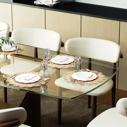 Vista 5 de POVISON Mesa de comedor de cristal de 79" para 6-8, mesa de comedor rectangular moderna, mesa de cristal templado con base de bronce en forma de U