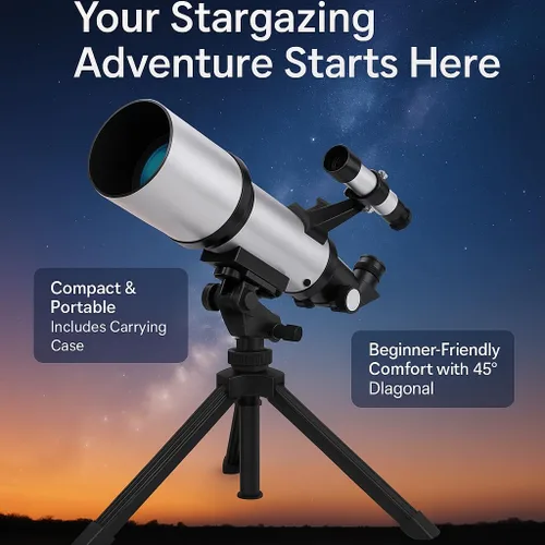 Vista 8 de BARSKA Starwatcher telescopio refractor de 400 x 70 mm con trípode de mesa y funda de transporte