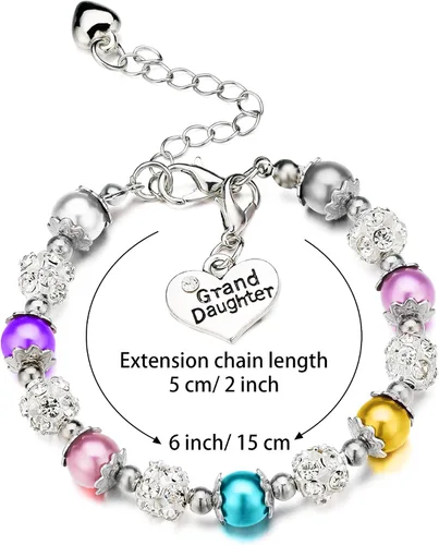 Vista 4 de 2 pulseras para nieta dije de corazón bolas de cristal de diamantes de imitación perlas de imitación regalo de joyería multicolor azul claro Bola