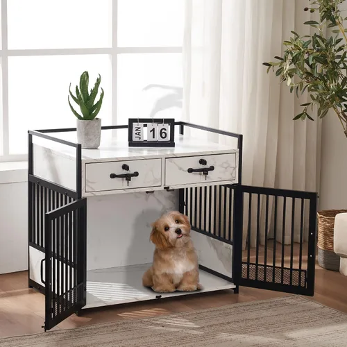Vista 2 de MCombo Jaula para perros estilo muebles de 30 pulgadas, mesa auxiliar de madera para mascotas, perrera con puertas dobles con cajones