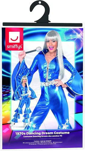 Vista 8 de Smiffys Disfraz de sueño de baile de los años 70 para mujer, Azul Patchwork