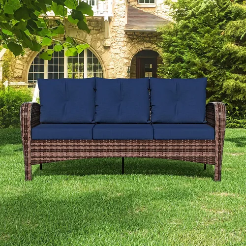Vista 5 de Sofá de 3 asientos para patio de 73 pulgadas, sofá de mimbre de mimbre, asiento profundo con marco de acero, muebles de conversación al aire libre