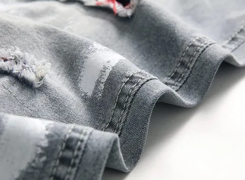 Vista 5 de SRETOUU Pantalones de mezclilla ajustados para hombre elásticos rasgados elásticos ajustados desgastados de pierna cónica