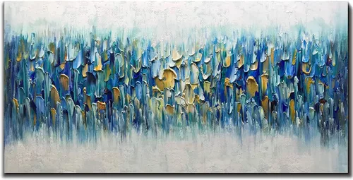 Vista 8 de AMEI Arte, 24 x 60 pulgadas, grande, pintado a mano, abstracto, texturizado, dorado, azul, pinturas acrílicas, arte de pared multicolor, estirado