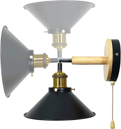 Vista 6 de Juego de 2 apliques de pared Vintage Negros, con Base de Madera de 1 luz, interruptor de cadena y diseño cónico. Ideal para mesilla de Noche, sala