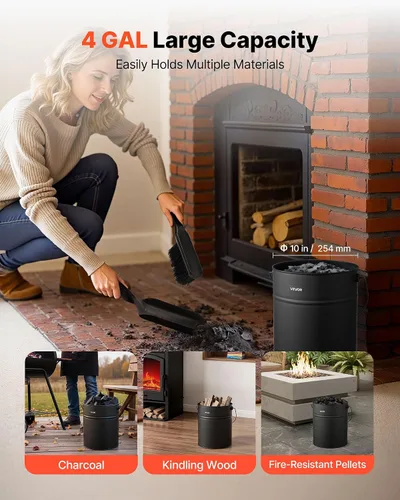 Vista 4 de VEVOR Cubo de ceniza, 4 piezas con tapa, pala, escoba y guantes, cubo de carbón de metal para chimenea y lata de cenizas, 4 galones de gran
