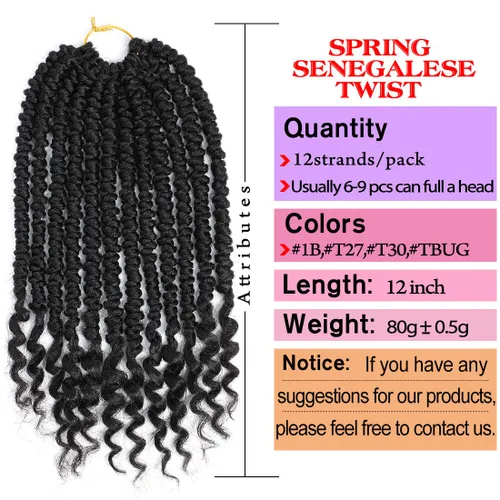 Vista 4 de Pelo de ganchillo senegalés pre primavera trenzado para mujeres negras, pelo sintético Passion Twist trenzado, pelo corto de 12 pulgadas rizado #1B