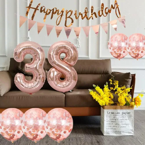 Vista 2 de Guirnalda de cumpleaños número 14 de oro rosa + pancarta, 5 globos de confeti, globos del número 14, decoración de feliz cumpleaños
