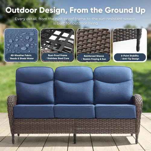 Vista 5 de HUMMUH Sofá de mimbre para patio al aire libre con otomanas, 3 piezas Marrón/Azul