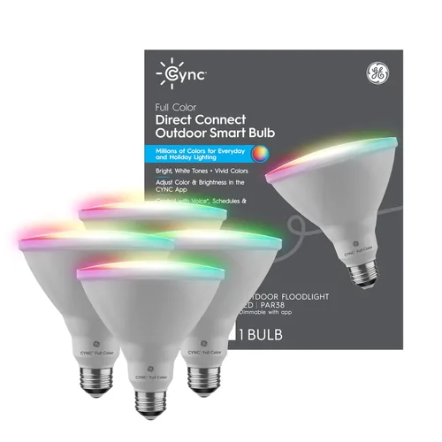 Vista 10 de GE Cync PAR38 Bombilla LED inteligente, reflector de exterior que cambia de color, compatible con Alexa y Google Home (paquete de 4)