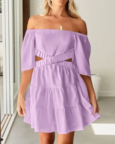 Vista 4 de BTFBM Vestidos de verano para mujer, cuello cuadrado, manga corta, recorte, cintura cruzada, casual, para fiesta, escalonado, mini vestido