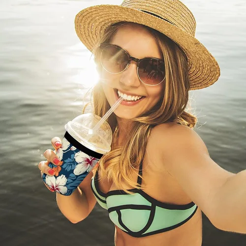 Vista 6 de Yellow Dragon Black Background Hawaii Flower Reusable Insulated Neoprene Iced Coffee Cup Sleeves 3 Sizes Diving Material Cup Durable Beverage Covers