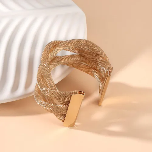 Vista 5 de Rhinelife Pulseras anchas de oro para mujer, diseño de ondas enrollables de varias capas, brazalete ajustable y abierto, Sin gemas.