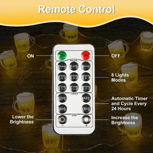 Vista 4 de Guirnalda de luces para taza de cerveza, USB y funciona con pilas con control remoto de 10 pies, 15 luces LED para taza de cerveza para el día