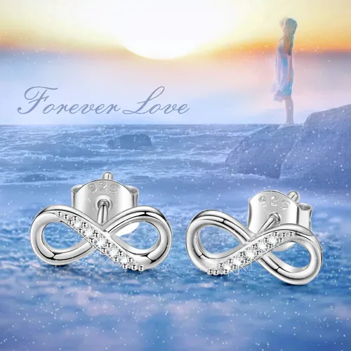Vista 4 de Aretes de plata de ley 925 para mujer, diseño de infinito, corte redondo, circonita cúbica