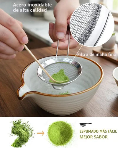 Vista 5 de Juego de batidor de matcha, juego de matcha, kit de matcha, cuenco de matcha con boquilla, cuchara, tamiz, batidor de bambú, soporte de Chasen