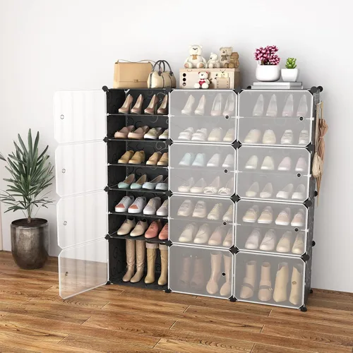 Vista 2 de Organizador portátil para zapatos con puerta, 48 pares de almacenamiento para zapatos, fácil de montar, plástico ajustable, organizador de zapatos