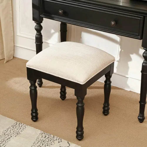 Vista 4 de URFORESTIC Taburete de tocador de madera de roble, moderno taburete de maquillaje con superficie de asiento cóncavo, capacidad de 300 libras, fácil