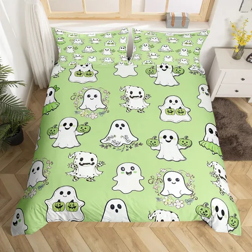Vista 21 de Juego de funda de edredón de esqueleto, tamaño individual, estampado de flores de esqueleto humano, juego de ropa de cama con temática de Halloween