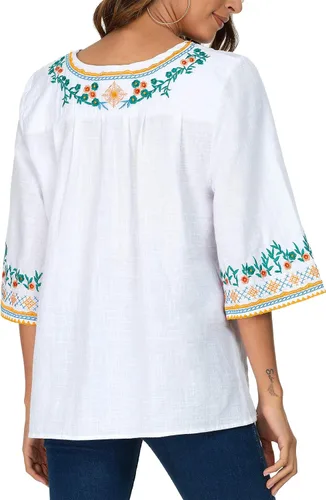 Vista 7 de YZXDORWJ Blusa campesina mexicana bordada con cuello en V para mujer