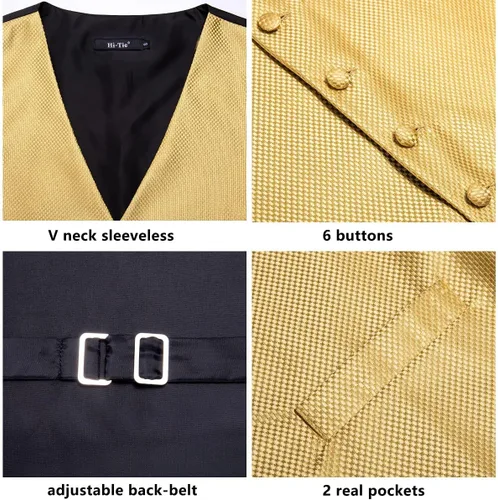 Vista 5 de Hi-Tie Conjunto de chaleco de seda para hombre y pañuelo con corbata, chaleco formal de jacquard para esmoquin de fiesta de boda